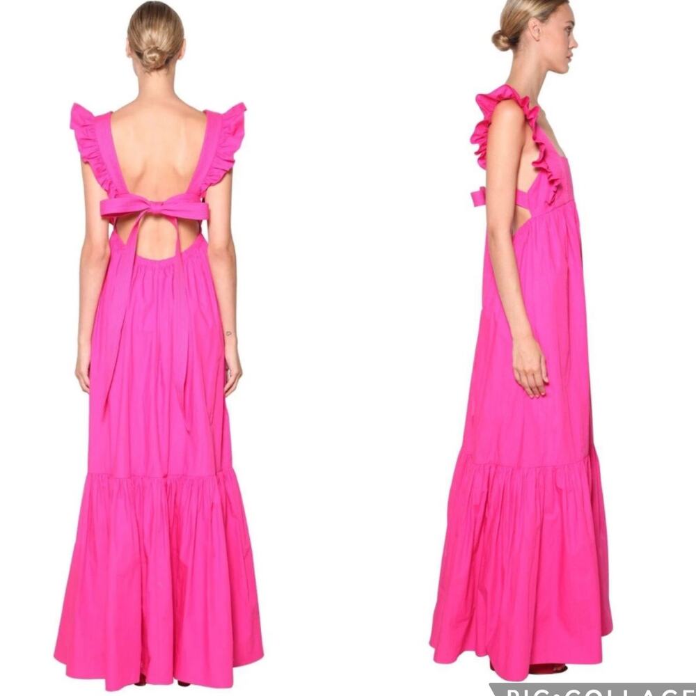 Self-Portrait Fuschia Cotton Poplin Maxi Dress Tiered Ruffle Long Sleeveless 2 - Picture 12 of 14